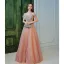 Elegant Blushing Pink Pearl Sequins Pleated Prom Dresses 2022 A-Line / Princess Off-The-Shoulder Short Sleeve Backless Floor-Length / Long Formal Dresses