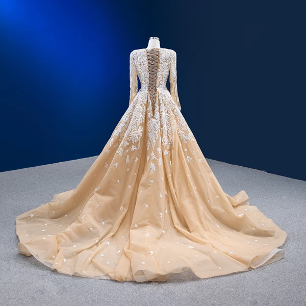 Luxury / Gorgeous Champagne Beading Sequins Lace Flower Evening Dresses 2023 Trumpet / Mermaid Deep V-Neck Long Sleeve Backless Court Train Evening Party Formal Dresses