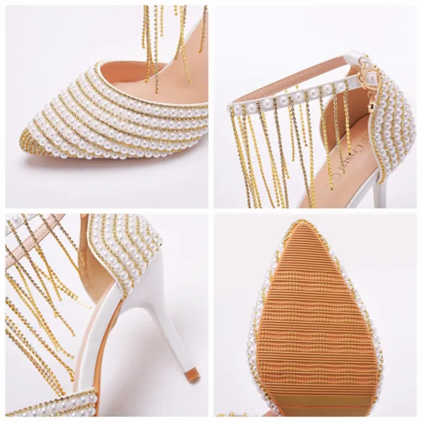 Charming Gold Pearl Rhinestone Wedding Shoes 2023 Ankle Strap 9 cm Stiletto Heels Pointed Toe Wedding High Heels