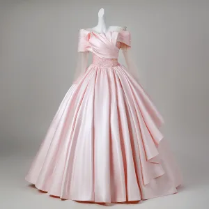 Charmant Rougissant Rose Perlage Paillettes Satin Robe De Bal 2026 Robe Boule Encolure Dégagée 3 4 Manches Dos Nu Longue Robe De Ceremonie