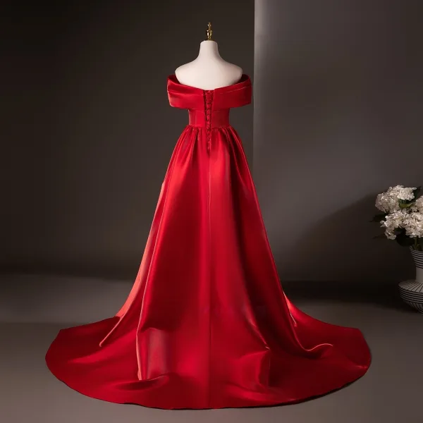 Modest / Simple Red Satin Prom Dresses 2025 Trumpet / Mermaid Off-The-Shoulder Short Sleeve Backless Sweep Train Formal Dresses