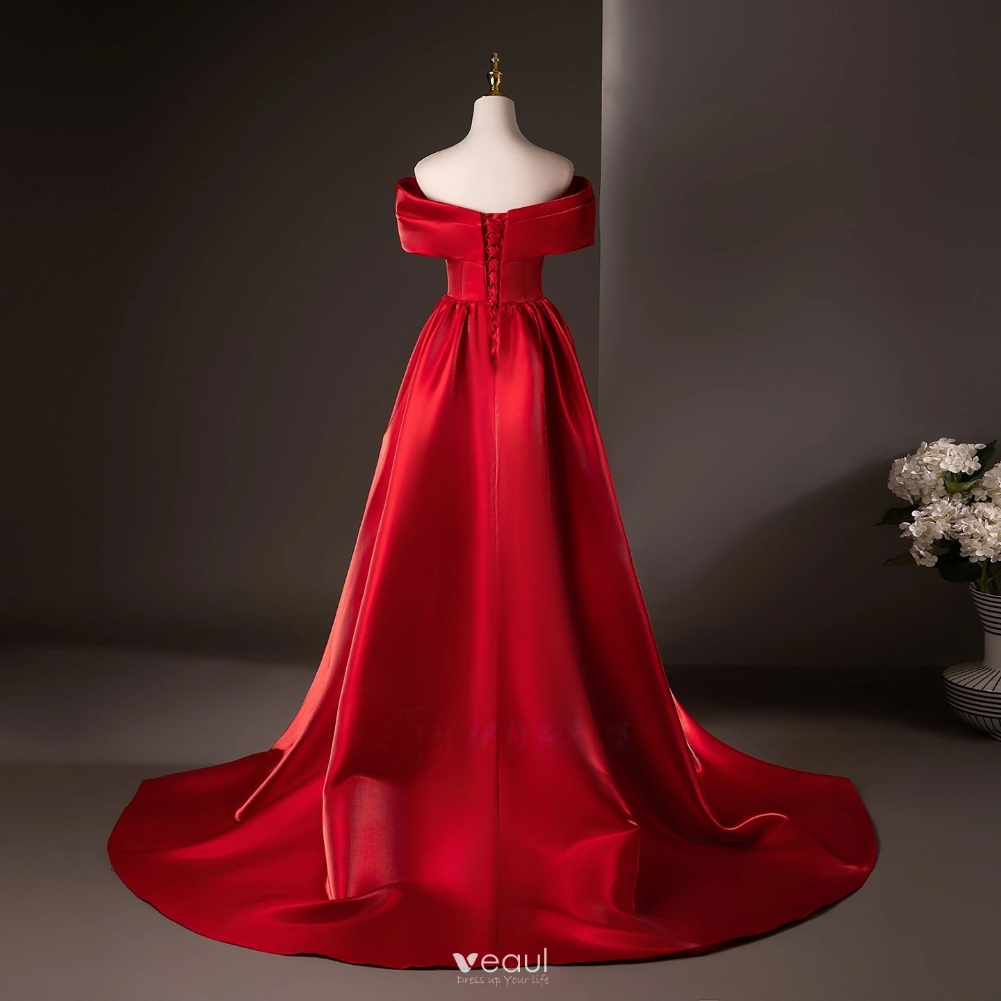Modest Simple Red Satin Prom Dresses 2025 Trumpet Mermaid Off The Shoulder  Short Sleeve Backless Sweep Train Formal Dresses