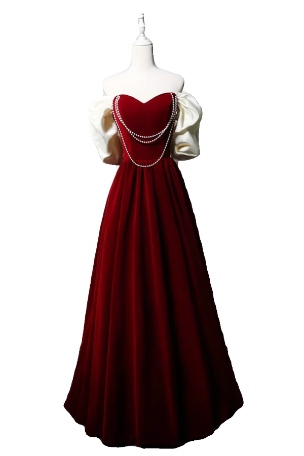 Elegant Burgundy Pearl Velvet Prom Dresses 2024 A-Line / Princess Ruffle Off-The-Shoulder Short Sleeve Backless Floor-Length / Long Prom Formal Dresses