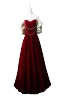 Elegant Burgundy Pearl Velvet Prom Dresses 2024 A-Line / Princess Ruffle Off-The-Shoulder Short Sleeve Backless Floor-Length / Long Prom Formal Dresses