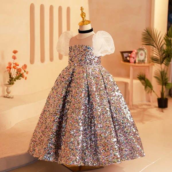 Sparkly Multi-Colors Sequins Birthday Flower Girl Dresses 2024 Trumpet / Mermaid Scoop Neck Puffy Short Sleeve Backless Floor-Length / Long