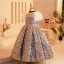 Sparkly Multi-Colors Sequins Silver Birthday Flower Girl Dresses 2024 Ball Gown Scoop Neck Puffy Short Sleeve Backless Floor-Length / Long