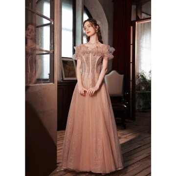 Elegantes Nude Vestidos De Gala 2022 A Line Princess Ruffle Fuera Del Hombro Manga Corta Sin Espalda Rebordear Lentejuelas Largos Gala Vestidos Formales