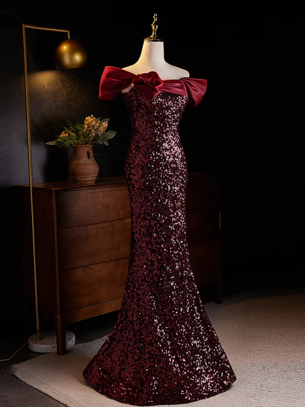 Sparkly Burgundy Sequins Evening Dresses 2024 Trumpet / Mermaid Off-The-Shoulder Short Sleeve Backless Floor-Length / Long Evening Party Formal Dresses
