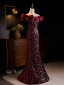 Sparkly Burgundy Sequins Evening Dresses 2024 Trumpet / Mermaid Off-The-Shoulder Short Sleeve Backless Floor-Length / Long Evening Party Formal Dresses
