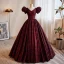 Vintage / Retro Burgundy Printing Prom Dresses 2023 Ball Gown V-Neck Puffy Short Sleeve Backless Floor-Length / Long Prom Formal Dresses