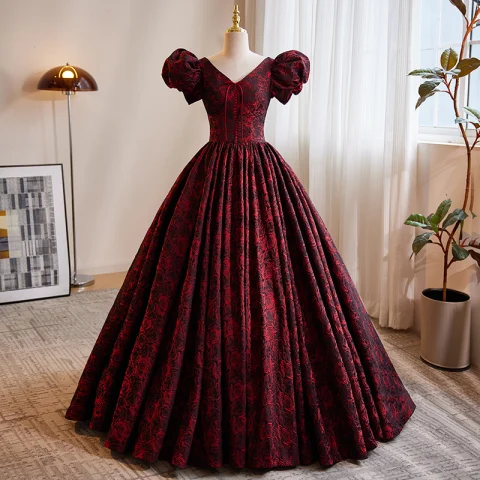 Vintage Borgoña Impresión Vestidos de gala 2023 Ball Gown V-Cuello Hinchado Manga Corta Sin Espalda Largos Gala Vestidos Formales