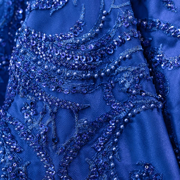 Luxe Bleu Roi Perlage Perle Paillettes En Dentelle Fleur Volants en Cascade Robe De Bal 2022 Robe Boule Encolure Dégagée Manches Longues Longue Promo Robe De Ceremonie
