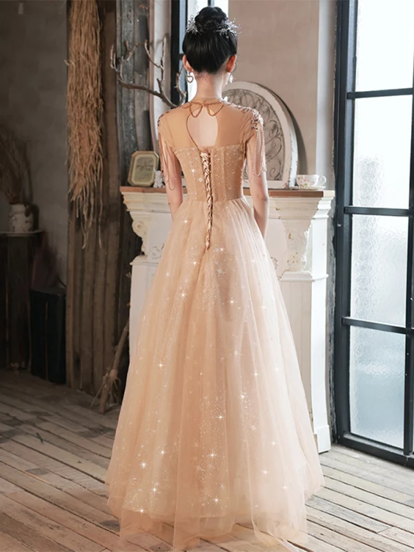 Charming Champagne Beading Tassel Sequins Evening Dresses 2023 A-Line / Princess Scoop Neck Backless Short Sleeve Floor-Length / Long Evening Party Formal Dresses