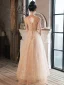 Charming Champagne Beading Tassel Sequins Evening Dresses 2023 A-Line / Princess Scoop Neck Backless Short Sleeve Floor-Length / Long Evening Party Formal Dresses