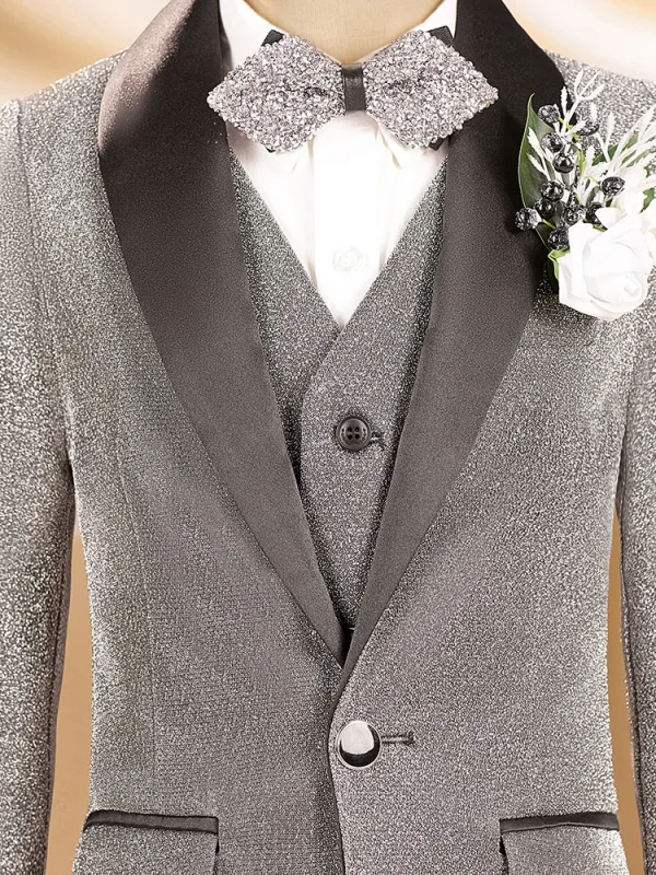 Fall Winter Grey Glitter 6-piece Long Sleeve Boys Wedding Suits 2025 Body Jewellery Coat Necklace Pants Shirt Tie Vest