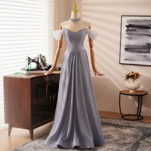 High End Grey Handmade Beading Rhinestone Sequins Prom Dresses 2024 A Line Princess High Neck Short Sleeve Backless Floor Length Long Prom Formal Dresses