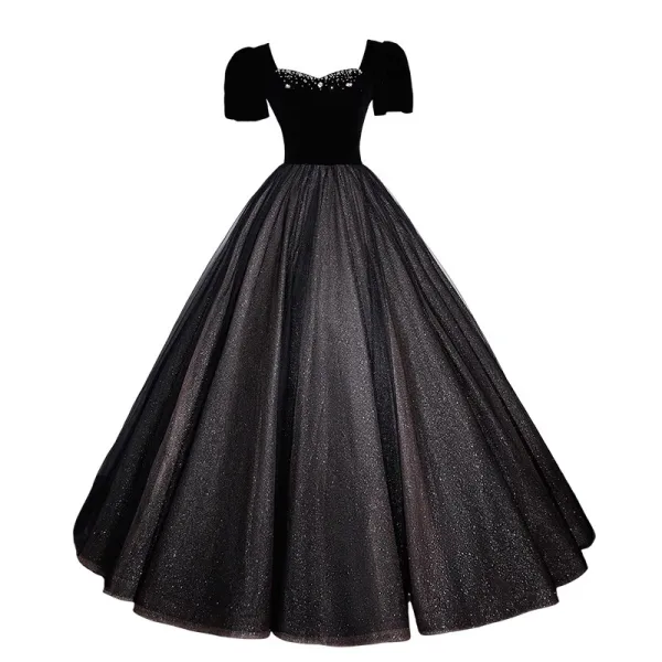 Élégant Noire Glitter Paillettes Robe De Bal 2023 Robe Boule Encolure Carrée Faux Diamant Manches Courtes Dos Nu Longue Promo Robe De Ceremonie