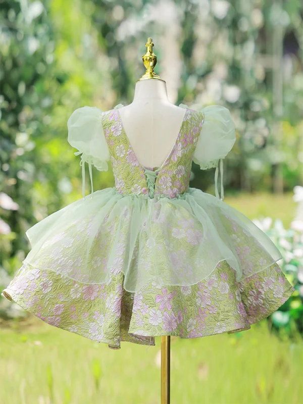Chic / Beautiful Sage Green Flower Prom Short Flower Girl Dresses 2022 Ball Gown Pearl Scoop Neck Puffy Short Sleeve Backless Flower Girl Dresses
