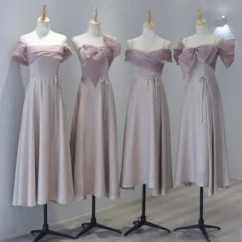 Modest Simple Blushing Pink Satin Bridesmaid Dresses 2023 A Line Princess Off The Shoulder Sleeveless Backless Pearl Bow Sash Tea Length Bridesmaid Dresses