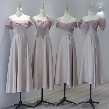Modest Simple Blushing Pink Satin Bridesmaid Dresses 2023 A Line Princess Off The Shoulder Sleeveless Backless Pearl Bow Sash Tea Length Bridesmaid Dresses