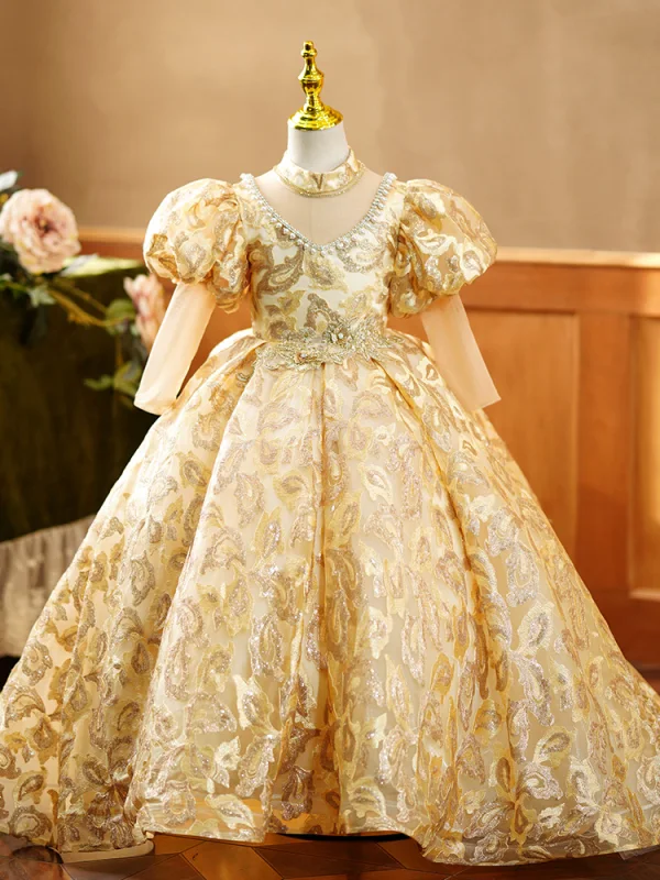 High-end Gold Beading Pearl Rhinestone Sequins Birthday Flower Girl Dresses 2023 Ball Gown High Neck Puffy 3/4 Sleeve Floor-Length / Long Flower Girl Dresses