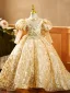 High-end Gold Beading Pearl Rhinestone Sequins Birthday Flower Girl Dresses 2023 Ball Gown High Neck Puffy 3/4 Sleeve Floor-Length / Long Flower Girl Dresses