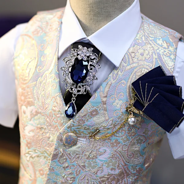 Chic / Beautiful Printing Short Sleeve Boys Wedding Suits 2022 5-piece Body Jewellery Pants Shirt Tie Vest