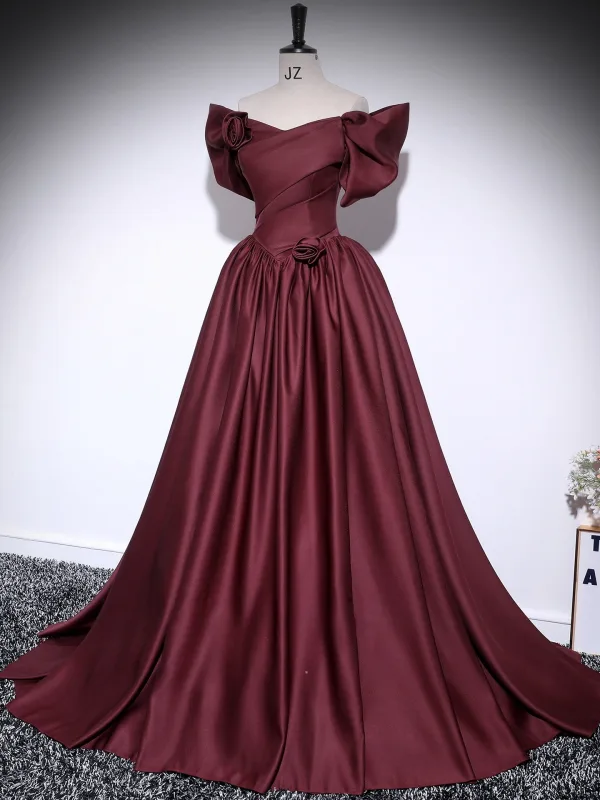 Vintage / Retro Burgundy Satin Prom Dresses 2025 Ball Gown Off-The-Shoulder Short Sleeve Backless Floor-Length / Long Formal Dresses