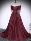 Vintage / Retro Burgundy Satin Prom Dresses 2025 Ball Gown Off-The-Shoulder Short Sleeve Backless Floor-Length / Long Formal Dresses