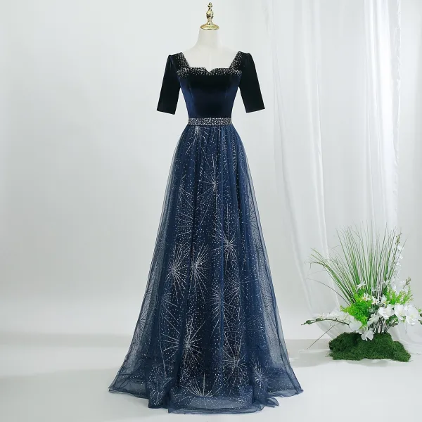 Vintage / Retro Navy Blue Sequins Prom Dresses 2026 A-Line / Princess Square Neckline Short Sleeve Backless Floor-Length / Long