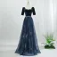 Vintage / Retro Navy Blue Sequins Prom Dresses 2026 A-Line / Princess Square Neckline Short Sleeve Backless Floor-Length / Long