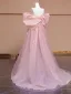 Lovely Candy Pink Bow Prom Dresses 2024 A-Line / Princess Off-The-Shoulder Short Sleeve Backless Sweep Train Prom Formal Dresses