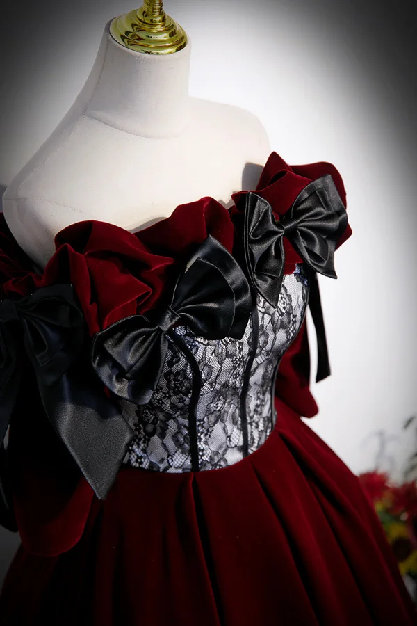 Elegante Bordeaux Suede Velour Galajurken 2023 A lijn Uit De Schouder Korte Mouwen Ruglooze Strik Sweep Trein Gala Gelegenheid Jurken