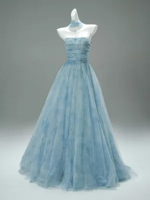 Charming Sky Blue Handmade Beading Pearl Prom Dresses 2025 A Line Princess Strapless Sleeveless Backless Floor Length Long Formal Dresses