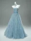 Charming Sky Blue Handmade  Beading Pearl Prom Dresses 2025 A-Line / Princess Strapless Sleeveless Backless Floor-Length / Long Formal Dresses