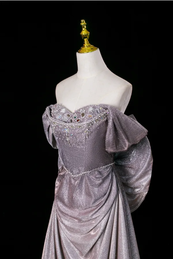 Scintillantes Sexy Violet Perlage Paillettes Robe De Bal 2025 Trompette / Sirène De l'épaule Manches Courtes Dos Nu Noeud Longue Promo Robe De Ceremonie