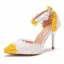 Elegante Zwei Töne Weiß Spitze Blumen Brautschuhe 2025 Knöchelriemen 9 cm Stilettos Spitzschuh Hochzeit Hochhackige