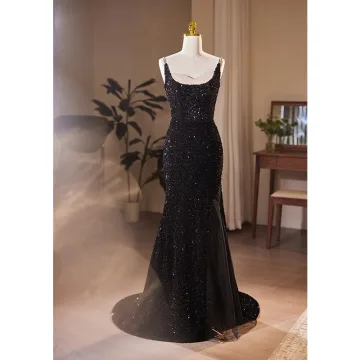 Sexy Black Sequins Evening Dresses 2024 Trumpet Mermaid Spaghetti Straps Sleeveless Backless Sweep Train Evening Party Formal Dresses
