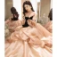 Fashion Champagne Cascading Ruffles Prom Dresses 2023 Ball Gown Strapless Short Sleeve Backless Sweep Train Prom Formal Dresses