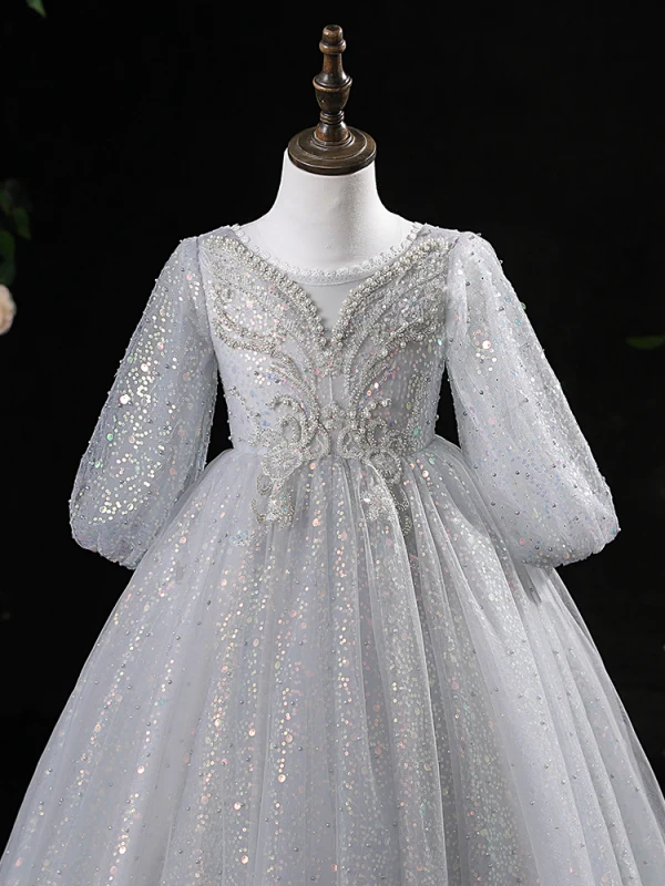 Charming Grey Beading Pearl Sequins Birthday Flower Girl Dresses 2024 Ball Gown Scoop Neck 3/4 Sleeve Backless Floor-Length / Long