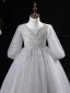 Charming Grey Beading Pearl Sequins Birthday Flower Girl Dresses 2024 Ball Gown Scoop Neck 3/4 Sleeve Backless Floor-Length / Long