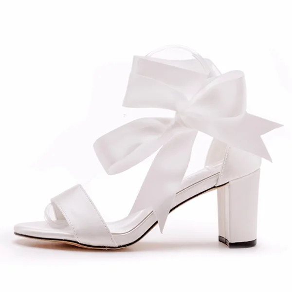 Elegante Ivoor Enkelband Strik Gala Sandalen Dames Hoge Hakken 2023 7 cm Dikke Hak Peep Toe Sandalen
