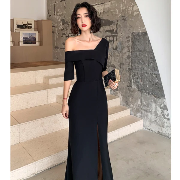 Sexy Black Evening Dresses 2022 A-Line / Princess One-Shoulder Short Sleeve Split Front Floor-Length / Long Evening Party Formal Dresses