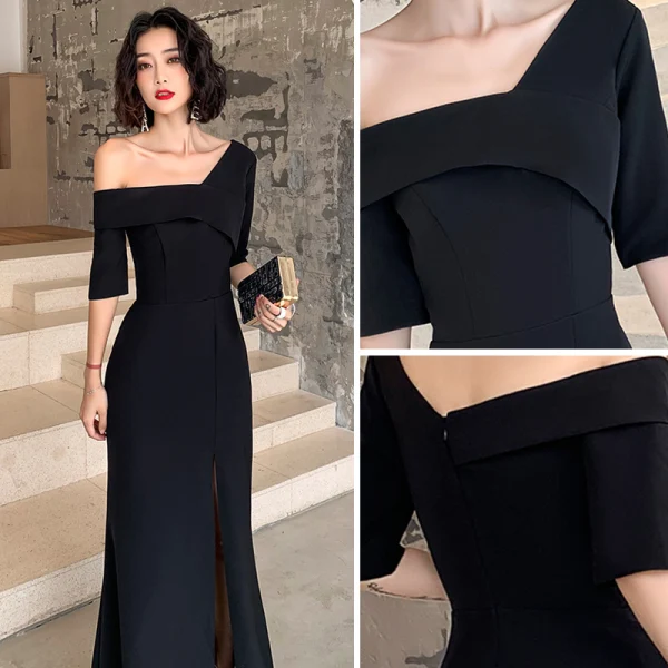Sexy Black Evening Dresses 2022 A-Line / Princess One-Shoulder Short Sleeve Split Front Floor-Length / Long Evening Party Formal Dresses