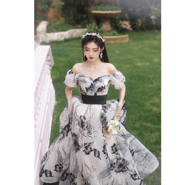Fashion Black Printing Prom Dresses 2023 A-Line / Princess Off-The-Shoulder Short Sleeve Backless Bow Sash Floor-Length / Long Prom Formal Dresses
