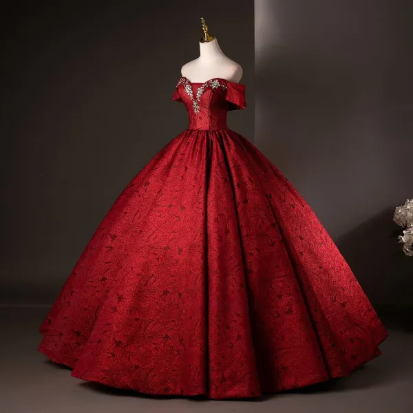Vintage / Retro Burgundy Rhinestone Prom Dresses 2025 Ball Gown Off-The-Shoulder Short Sleeve Backless Floor-Length / Long Formal Dresses