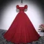 Modest / Simple Burgundy Appliques Prom Dresses 2025 Ball Gown Square Neckline Puffy Short Sleeve Backless Floor-Length / Long Formal Dresses