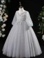 Charming Grey Beading Pearl Sequins Birthday Flower Girl Dresses 2024 Ball Gown Scoop Neck 3/4 Sleeve Backless Floor-Length / Long