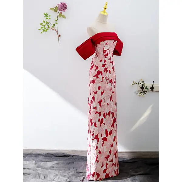 Vintage / Retro Red Printing Evening Dresses 2022 Trumpet / Mermaid Off-The-Shoulder Short Sleeve Backless Floor-Length / Long Evening Party Formal Dresses