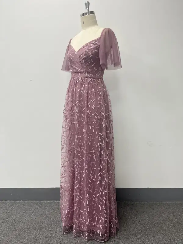 Elegant Blushing Pink Lace Flower Prom Dresses 2024 A-Line / Princess Square Neckline Short Sleeve Backless Floor-Length / Long Prom Formal Dresses